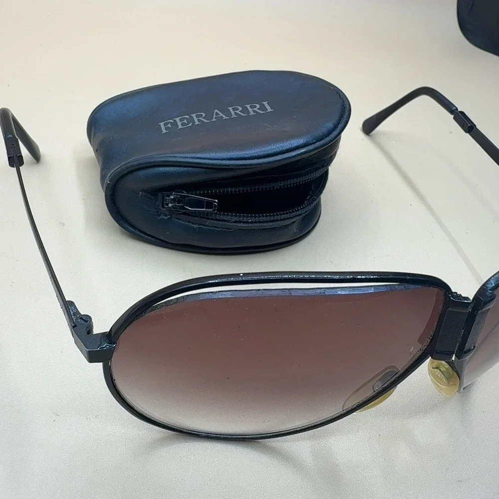 VTG Ferarri Sunglasses Aviator Black Metal Frame Brown **damaged Lens with Case